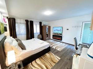 a bedroom with a large bed and a flat screen tv at Nyuszis Apartman in Kiskunmajsa