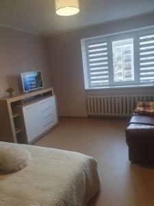 een slaapkamer met een bed, een tv en een bank bij Ukstiņa Holiday apartment in Liepāja