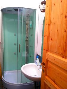 un bagno con doccia in vetro e lavandino di Agriturismo La Gironda a Castrocaro Terme