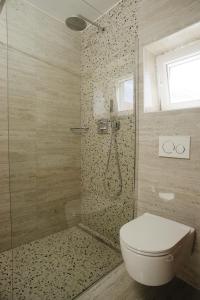 een badkamer met een toilet en een glazen douche bij Apartman Ferara in Tribunj