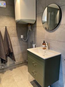 W łazience znajduje się umywalka i lustro. w obiekcie Stuga i Vemdalen w mieście Vemdalen