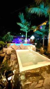 a swimming pool at night with palm trees in the background at Hostal Estrella de Agua in Salento