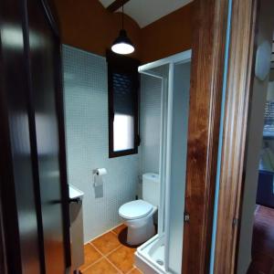 a bathroom with a white toilet and a window at Finca Cortés in Alcaraz