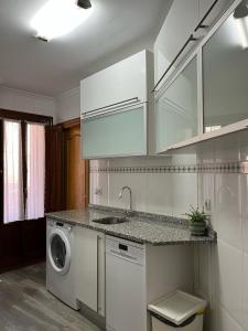 een keuken met een wastafel en een wasmachine bij Apartamento Palacio de Las Sevillanas in Haro