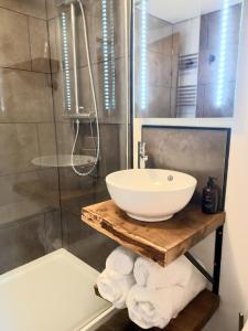 bagno con lavandino e doccia di Irfon Cottage a Builth Wells