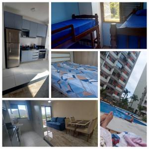 un collage de fotos de una cocina y una sala de estar en Apartamento clube próximo à praia, en Caraguatatuba