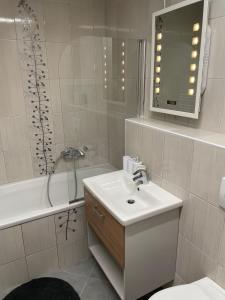 a bathroom with a sink and a toilet and a tub at Apartma Pohorske terase Brumen Mariborsko Pohorje in Hočko Pohorje +16 photos
