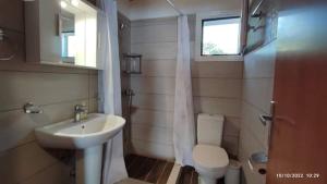 a bathroom with a sink and a toilet and a window at FOUR INDEPENDENCE HOUSES BY THE SEA in Glida