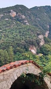 Kastorio-Villy's Guest House في Kastórion: جسر حجري مع جبل في الخلف