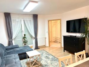 a living room with a couch and a flat screen tv at Black Forest Valley - Nähe Europa Park & Rulantica in Burgheim
