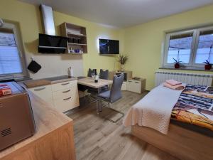 Schlafzimmer mit einem Bett, einem Schreibtisch und einem Tisch in der Unterkunft Apartma Melita in Kobarid