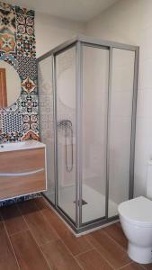 uma casa de banho com um chuveiro e um WC. em Casa rural en San Vicente de O Grove em O Grove