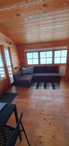 a living room with a couch in a wooden room at Fálki cottages in Þórshöfn