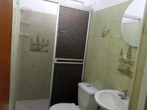 a bathroom with a shower and a toilet and a sink at Road Living Home in Medellín
