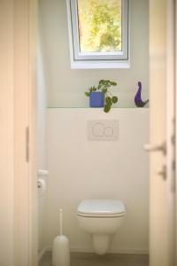 a white bathroom with a toilet and a window at Ferienhaus zur Donau in Herbertingen