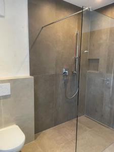 een badkamer met een glazen douche en een toilet bij Ferienwohnung Traumblick -Familie Seber in Mittersill