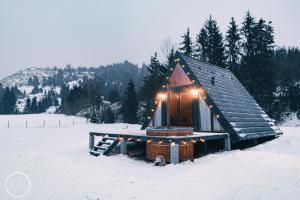 Cabaña de madera pequeña con luces en la nieve en SouL EsCaPe, en Bălan