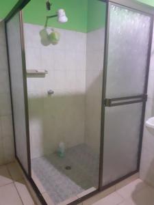 y baño con ducha y puerta de cristal. en Casa 114 en Managua