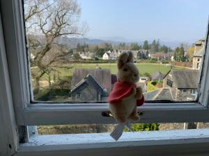 Um urso de peluche está sentado no peitoril da janela. em Archway Guest House em Windermere