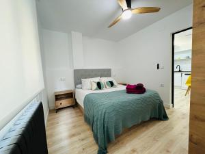 1 dormitorio con 1 cama y ventilador de techo en Industrial -Apartamentos Birdie- en Albacete