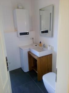 a bathroom with a white sink and a toilet at Erholung auf dem Land zwischen Ostsee und Schlei in Stoltebüll