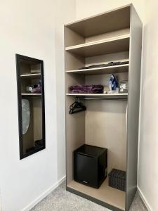 a walk in closet with a mirror and a television at Bed & Breakfast Donji Grad in Zagreb