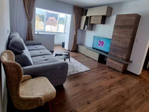 ein Wohnzimmer mit einem Sofa und einem TV in der Unterkunft Apartament Eve in Câmpulung Moldovenesc
