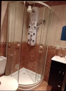 a shower in a bathroom with a toilet and a sink at Hospedaje Los Laureles in Wanda