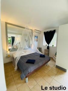 a bedroom with a bed with a mosquito net at Kasa Créole in Les Trois-Îlets