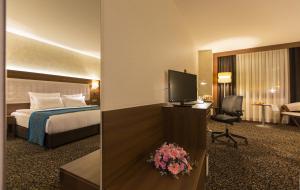 ガジアンテプにあるTeymur Continental Hotelのベッドとテレビが備わるホテルルームです。