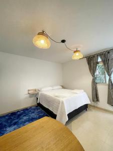 1 dormitorio con 1 cama y 2 luces en el techo en Selvática Alojamiento Eco en Medellín