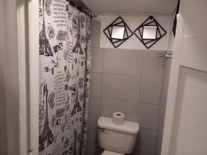 麥德林的住宿－Pioneros Poblado casa tradición，一间带卫生间和淋浴帘的浴室