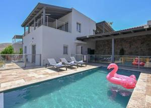 a swimming pool with a pink swan in the water at וילה ג'נסיס - וילה מהממת למשפחות עם בריכה פרטית מחוממת ליד הכנרת in Migdal