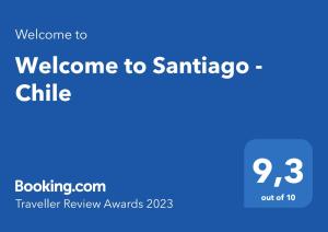 una señal azul con el texto bienvenido a Santa andería en Welcome to Santiago - Chile, en Santiago