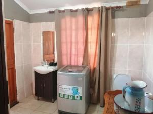 a small bathroom with a trash can and a sink at Skaap Kraal Guest Farm in Kakamas