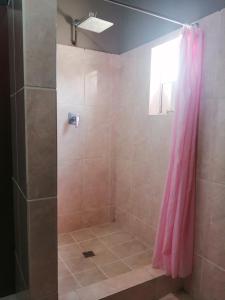 a bathroom with a shower with a pink shower curtain at Skaap Kraal Guest Farm in Kakamas