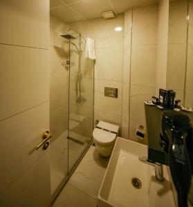 a bathroom with a shower and a toilet and a sink at ALKAN PALACE HOTEL in Keşan