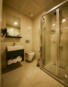 a bathroom with a shower and a toilet and a sink at ALKAN PALACE HOTEL in Keşan