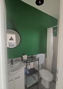 a green bathroom with a toilet and a sink at My Place Apartmani in Boljevac