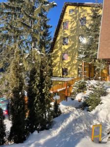 a building in the snow with trees in front at Sandy Vlašić in Vlasic