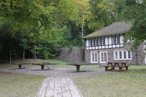 dwa stoły piknikowe i budynek w parku w obiekcie seezeit-resort am Werbellinsee w mieście Joachimsthal