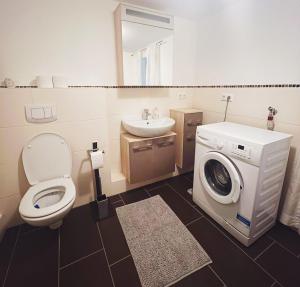 a bathroom with a washing machine and a sink at Elvis Family Dream in Lübeck