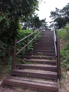 un escalier en bois avec une main courante dans l'établissement Club Lespia in Taean, à Taean
