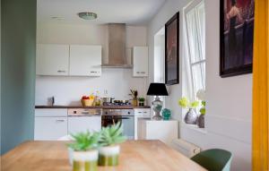 cocina con armarios blancos y mesa de madera en Pet Friendly Home In Breukelen With House Sea View en Breukelen