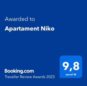 Certificat, premi, rètol o un altre document de Apartament Niko