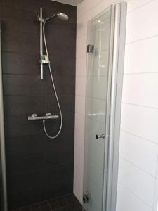 a shower with a glass door in a bathroom at Tyylikäs studio Helsingin sydämessä in Helsinki