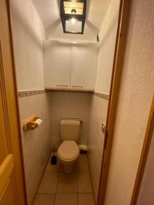 a small bathroom with a toilet and a light at La forêt des Rennes in Villard-sur-Doron