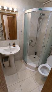 a bathroom with a shower and a sink and a toilet at HYGGE Apartment CONTACTLESS CHECK-IN in Šiauliai