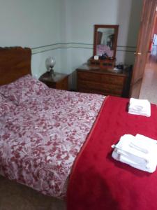 1 dormitorio con 1 cama con manta roja y espejo en Ebro Valley Apartment, en Móra d'Ebre
