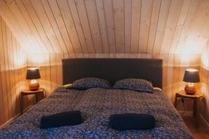 um quarto com uma cama com dois candeeiros em duas mesas em Brīvdienu māja Saule em Mersrags
